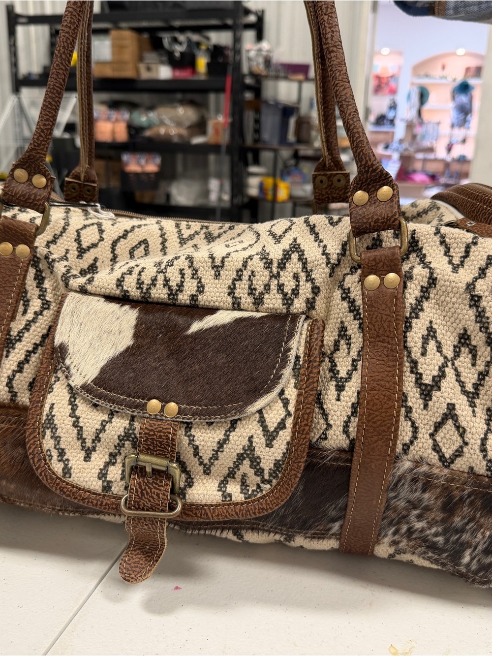 Myra Bag Cream Woven & Brown Leather-Trim Travel Satchel